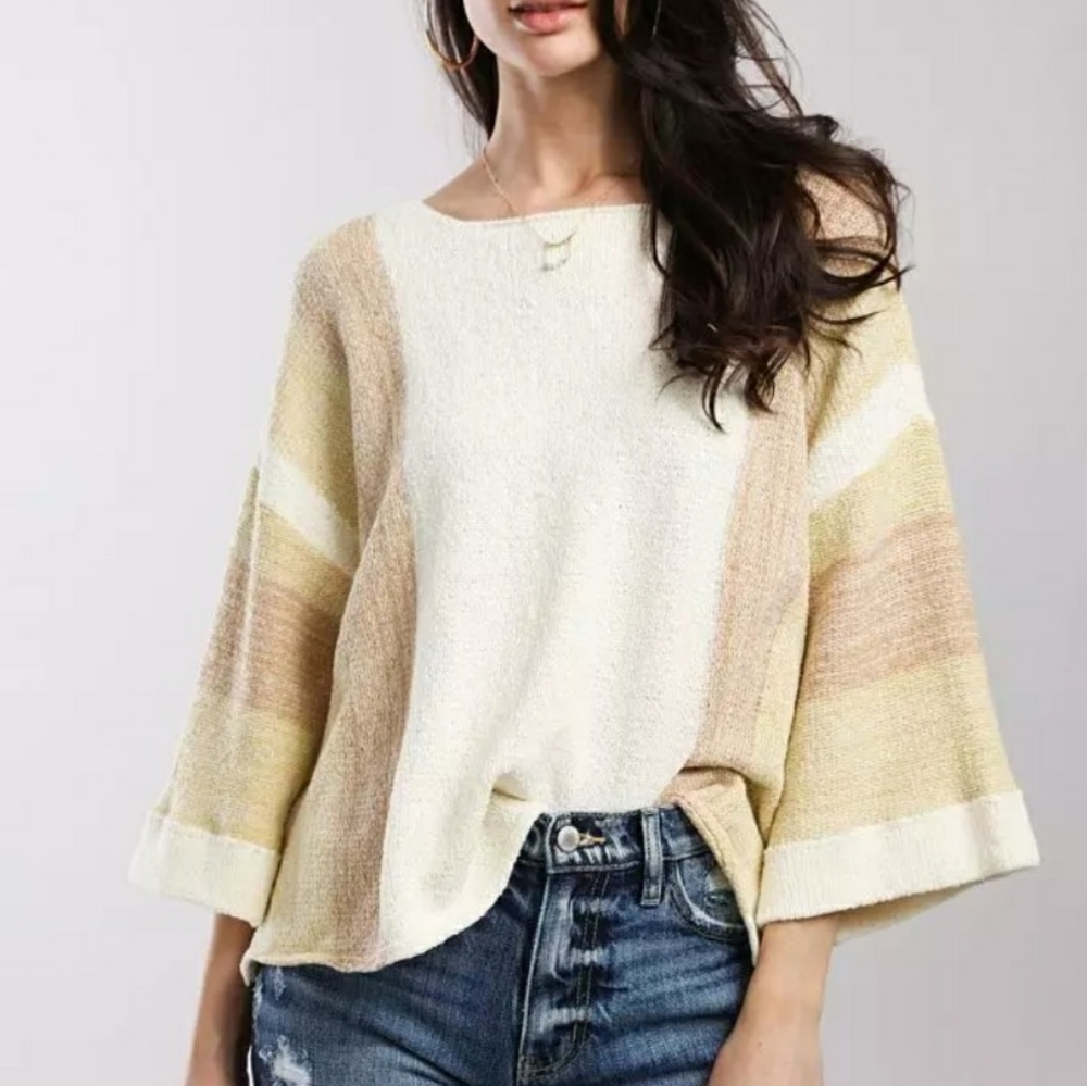 BKE Cream and Tan Striped Scoop Neck Sweater